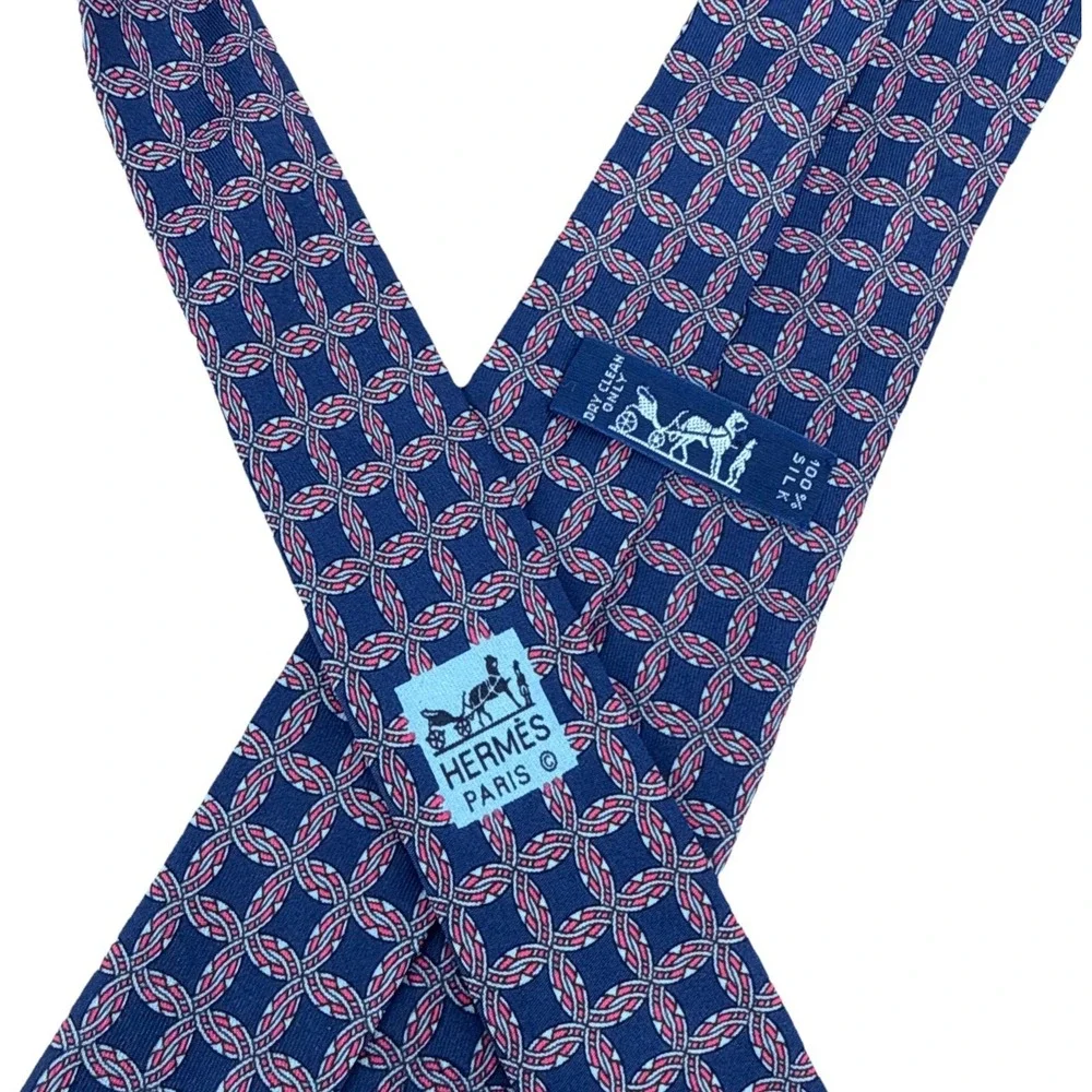 Hermès France 100% Silk Tie Navy Blue Red Geometric Squares Luxury AOP 7092 UA